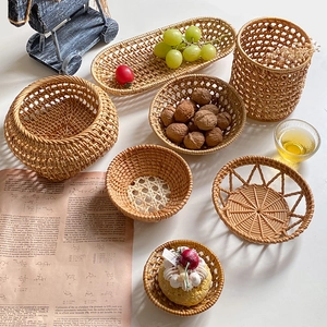 Handmade Natural Autumn Rattan Woven Storage Basket Tray Hollow Desktop Organizer For Fruit Towel Bread Rustic Home Decor