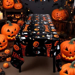Halloween disposable PE tablecloth with orange pumpkin and ghost pattern on black background