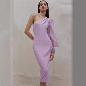 One Shoulder Lavender Maxi Dress Sheer Long Puff Sleeve Sequin Cuff Slim Fit Sexy Party Banquet Evening Women Elegant