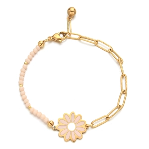 Detail of pink enamel daisy charm and 18K gold stainless steel chain with lobster clasp