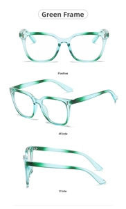 Three-view layout of stylish square green transparent eyeglass frames from various angles