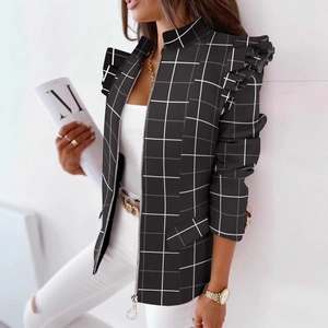 Women's black and white checkered jacket with ruffle shoulder trim and zipper closure