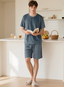 Relaxed fit grey-blue men's loungewear set with short sleeve t-shirt and drawstring shorts