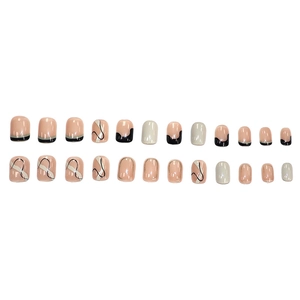 24-piece set of minimalist French line press-on nails in pink, white, and black colors
