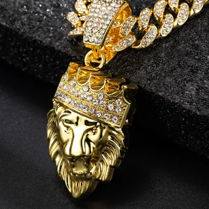 Hip Hop Lion Head Crown Pendant Necklace Alloy Iced Out Rhinestone Cuban Link Chain Streetwear For Men
