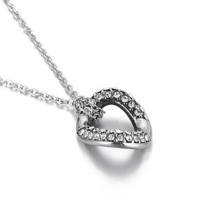 Chic silver hollow heart necklace featuring pavé-set sparkling diamonds on a cable chain