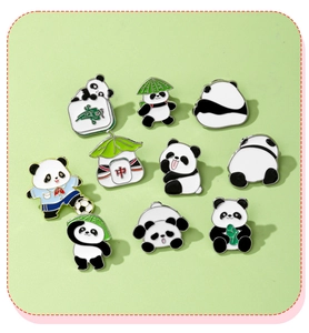 Set of 10 cartoon panda enamel pins featuring various poses and cultural elements