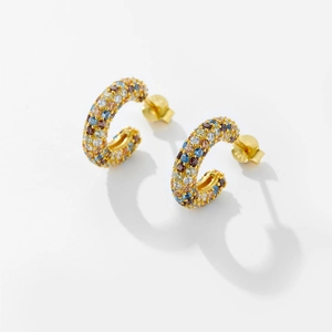 Detailed view of S925 sterling silver gold-plated C-shaped earrings with colorful zircons