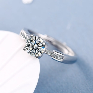 Sparkling Zircon Adjustable Ring Copper White Gold Plated Prong Set Round Jewelry For Women Fashion Engagement Finger Ring