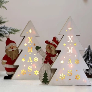 Lighted wooden Christmas tree decor with Santa and Snowman figures and XMAS cutout
