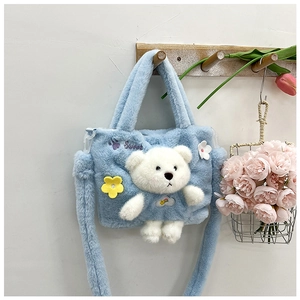 Detail view of light blue plush bag with 3D bear, flowers, and Sweet embroidery