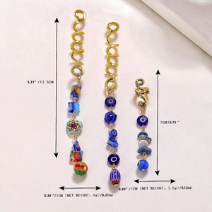 Golden snake spiral hair rings with blue evil eye charms and detailed size specifications