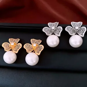 18K gold and silver plated flower pearl drop earrings with hollow mesh petals