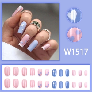 Pink and blue square press-on nails with 3D heart charms and French tips set