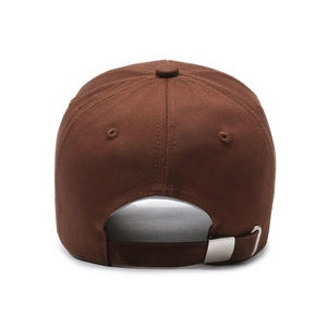 Back view of brown cotton baseball cap featuring metal buckle adjustment and 6-panel structure