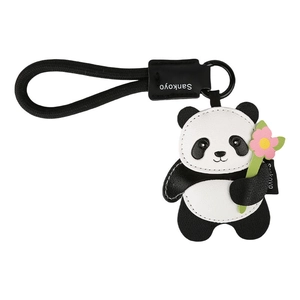 Sankoyo panda leather keychain with black braided strap and pink flower detail