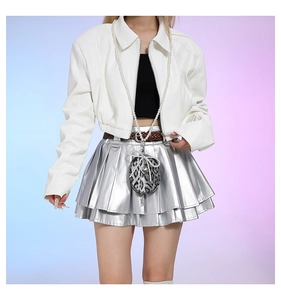 Fashionable leopard print mini bag with pearl chain shown on silver Y2K metallic skirt