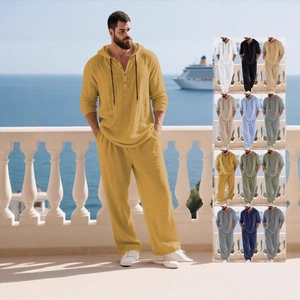 Men's casual linen-style lounge set with long sleeves and hoodie in diverse color options