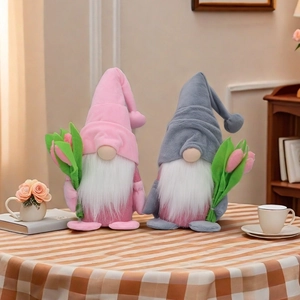 Detail of plush gnomes with tulips on orange checkered tablecloth for home decor
