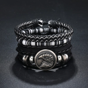 Handmade multilayer black leather bracelet set featuring vintage metal eagle head charms