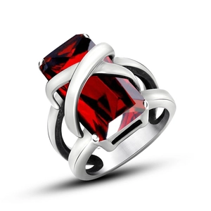 Minimalist stainless steel ring with rectangle red gemstone and silver cross design