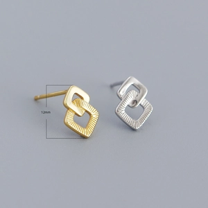 S925 silver double geometric interlocking square stud earrings in gold and silver, 12mm size