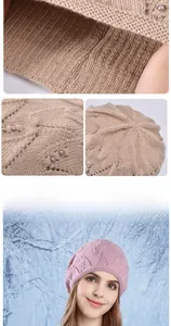 Detail of knitted beanie featuring pearl embellishments and thick textured fabric