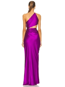 Back view of magenta one-shoulder satin maxi dress with elegant waist cutout detail