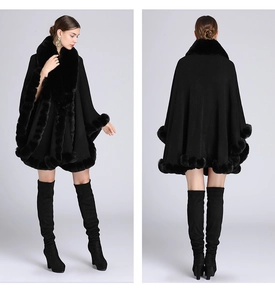 Front and back view of a black knit poncho with elegant faux rabbit fur collar trim
