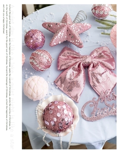 Detail of pink Christmas ornaments with glitter bow and Merry Christmas sign