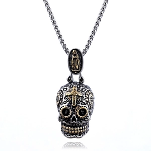 Gothic stainless steel skull pendant necklace with gold cross and saint religious emblem