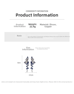 Size chart showing wing flower tassel earrings dimensions of 8cm height and 2.5cm width