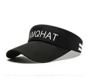 Detail of black sports visor with white KMQHAT letters and side stripes for sun protection