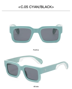 Front and 45-degree side view of cyan thick frame sunglasses with rivet details
