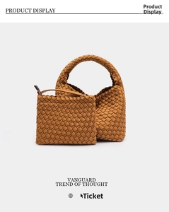 Detail of woven caramel hobo bag and matching zippered pouch with interlaced texture