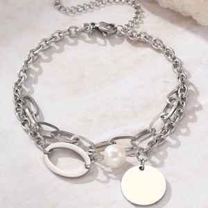 Baroque irregular stainless steel bracelet with white pearl and polished round pendant