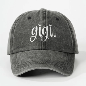 Distressed dark gray washed cotton baseball cap with white gigi heart embroidery
