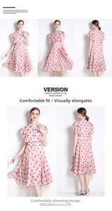 Details eines rosa gepunkteten Chiffonkleids mit Volantärmeln und Gürtel an der Taille