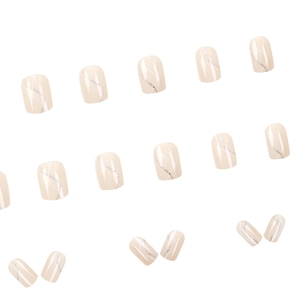 Nude pink square-round fake nails with silver glitter wavy lines and marble texture