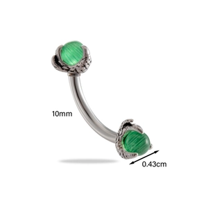 Detailed view of dragon claw curved barbell with green cat eye stone and size marking