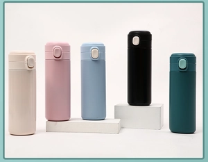 Detailed set of 304 stainless steel vacuum flasks in five pastel colors with flip lids