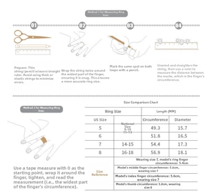 Comprehensive ring size guide with measurement steps and international sizing chart