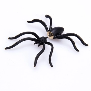 Detailed close-up of a black spider shaped stud earring with smooth metallic finish