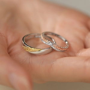 S925 sterling silver couple rings with wheat ear texture and sparkling zircon stones