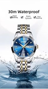 Detailed view of waterproof quartz watch with blue dial and splashes of water