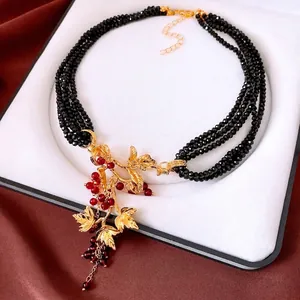 Vintage Multi Layer Black Glass Beaded Necklace With Gold Alloy Grape Leaf Pendant For Women Retro Sweater Chain