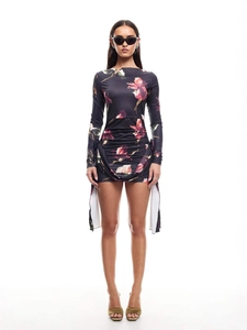 Slim fit floral off-shoulder long sleeve mini dress with ruching and ribbon detail