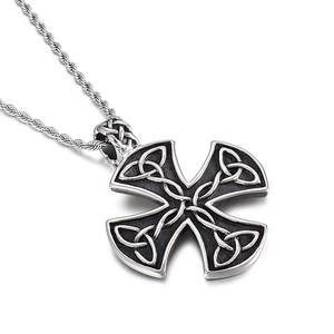 Vintage Celtic Knot Cross pendant necklace in silver stainless steel on white background