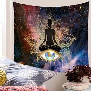 Detailed view of mystical meditation tapestry with nebula pattern in a cozy bedroom setting