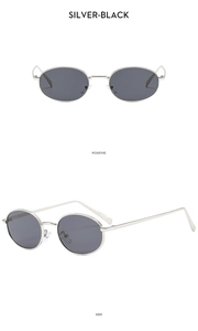 Detailed front and 45-degree side views of vintage silver oval sunglasses with black lenses